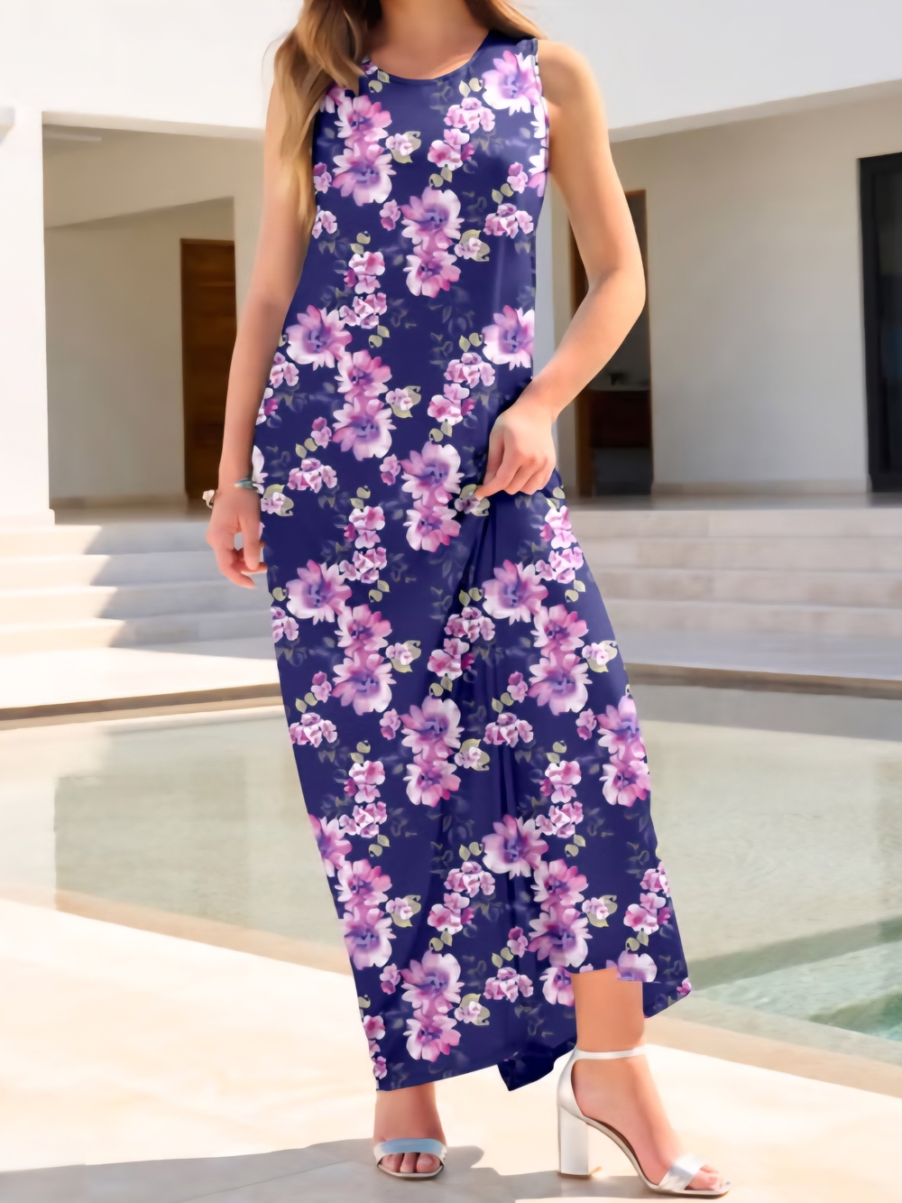 Denim 24/7 Navy Maxi Dress with Pink Floral Print - Size 5X